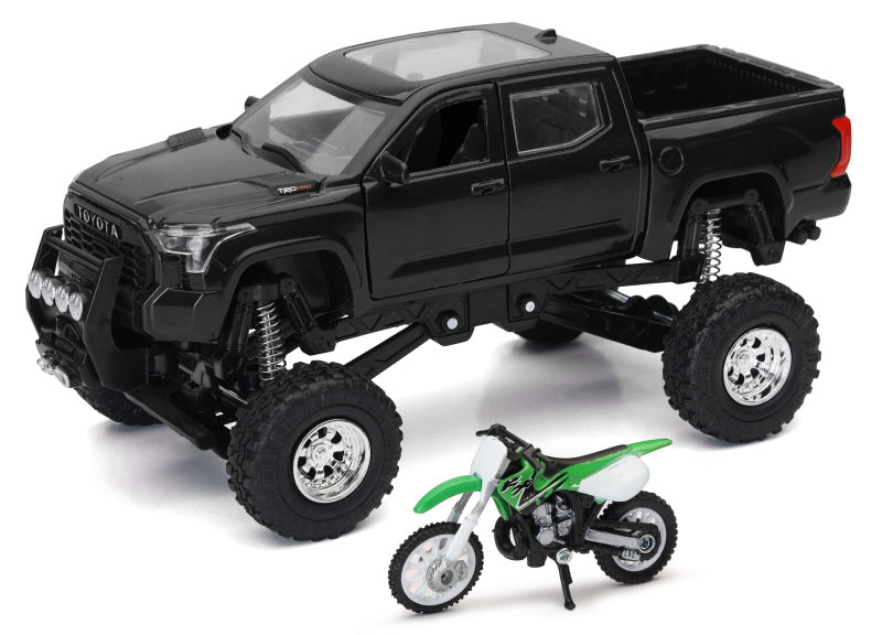 New Ray Toys Toyota Tundra Pro Lifted Truck Black with Kawasaki Dirt Bike 1:32 Scale