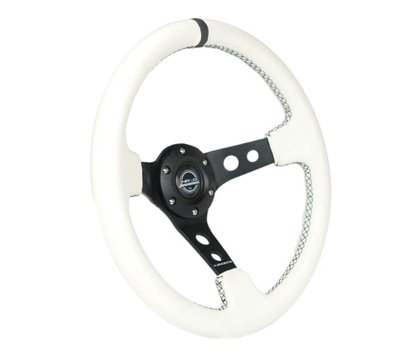 NRG Reinforced Steering Wheel (350mm/3in. Deep) White Leather w/Blk Spoke/Round Holes/White Stripes