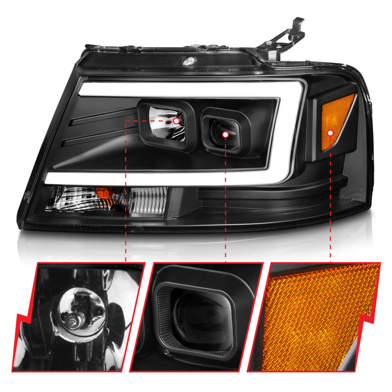 ANZO 2004-2008 Ford F-150 Projector Headlights w/ Light Bar Black Housing
