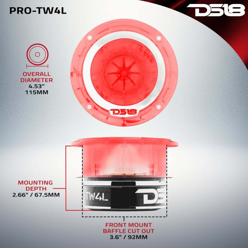 DS18 4.5in Super Bullet Tweeter 280 Watts RMS 1.75in Titanium Vc 4 ohm RGB LED Lights
