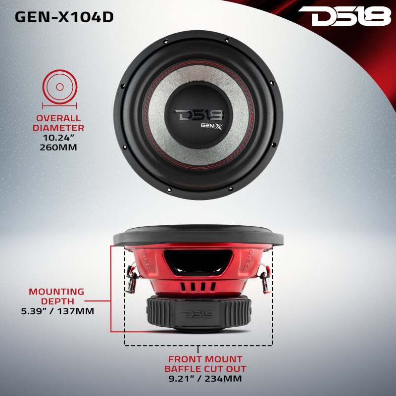 DS18 10in 400 Watts RMS 4 ohm DVC Subwoofer Ferrite Motor And Dual Voice Coils
