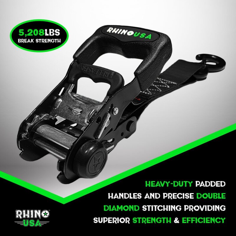 Rhino USA Heavy Duty Ratchet Tie-Downs 2-Pack (Black) 1.6In X 8Ft