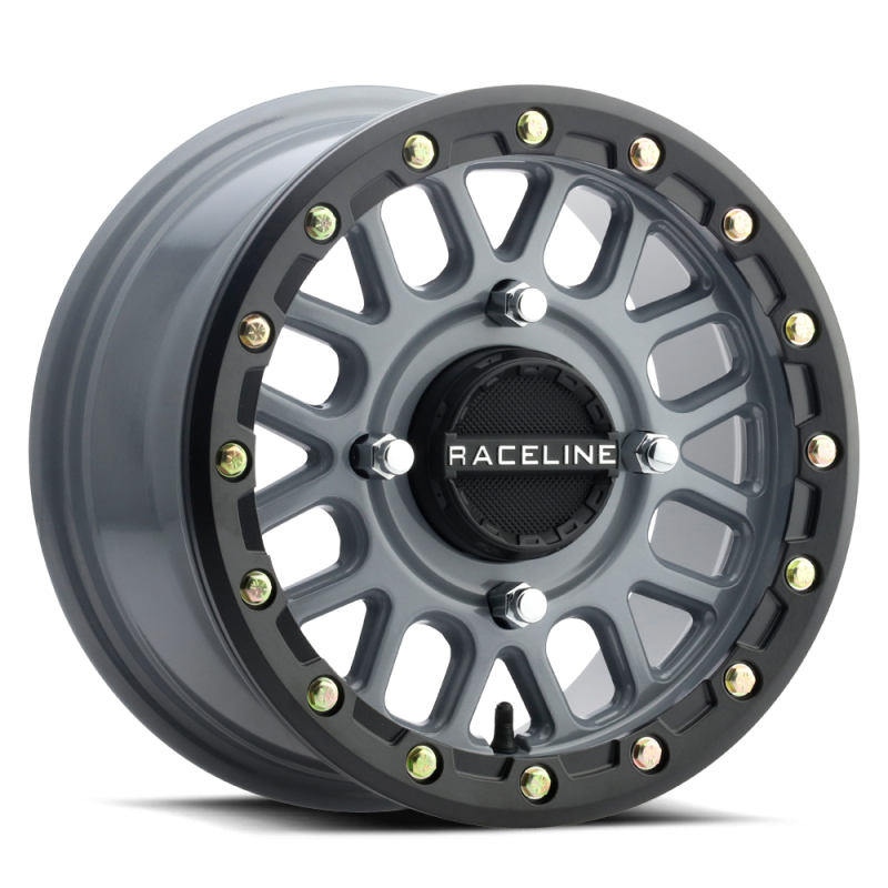 Raceline A93SG Podium 14x7in/4x156 BP/10mm Offset/132.5mm Bore - Grey &amp; Black Ring Beadlock Wheel