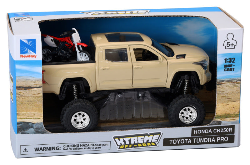 New Ray Toys Toyota Tundra Pro Lifted Truck Mud Bath with Honda Dirt Bike 1:32 Scale