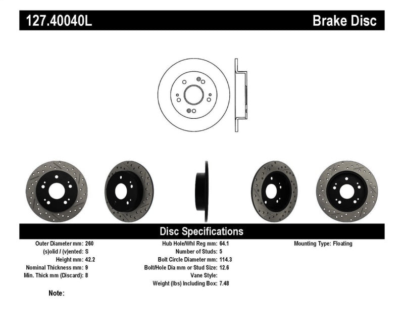 StopTech 06-09 Honda Civic Ex/Si Slotted &amp; Drilled Left Rear Rotor