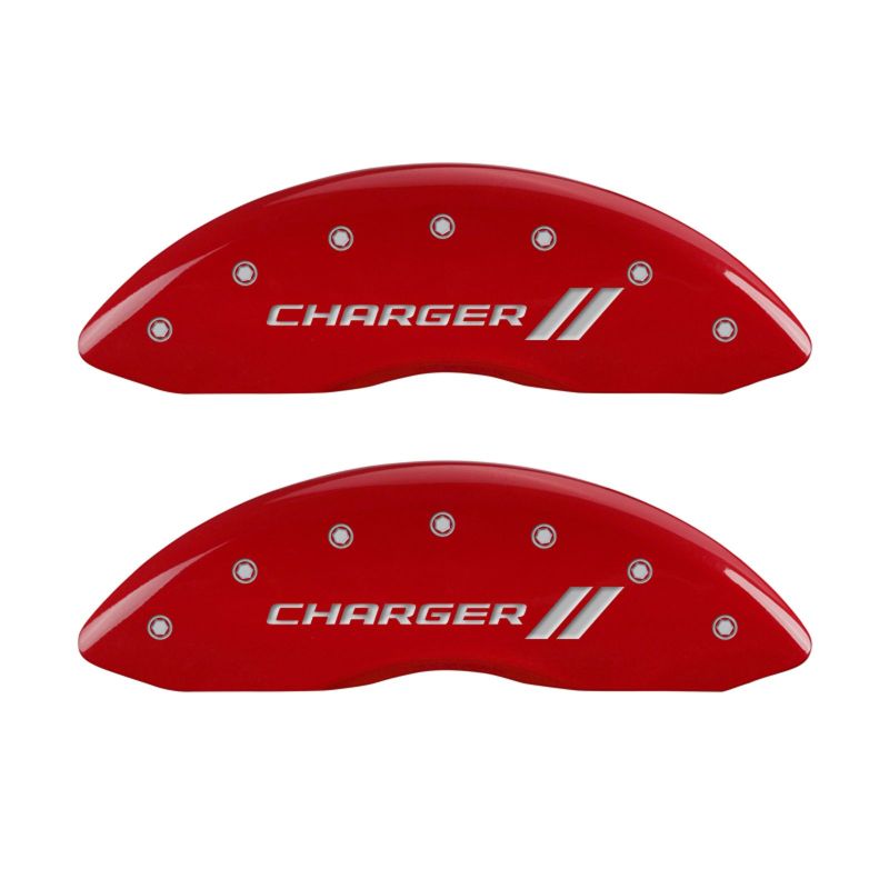 MGP 4 Caliper Covers Engraved Front &amp; Rear With stripes/Charger Red finish silver ch