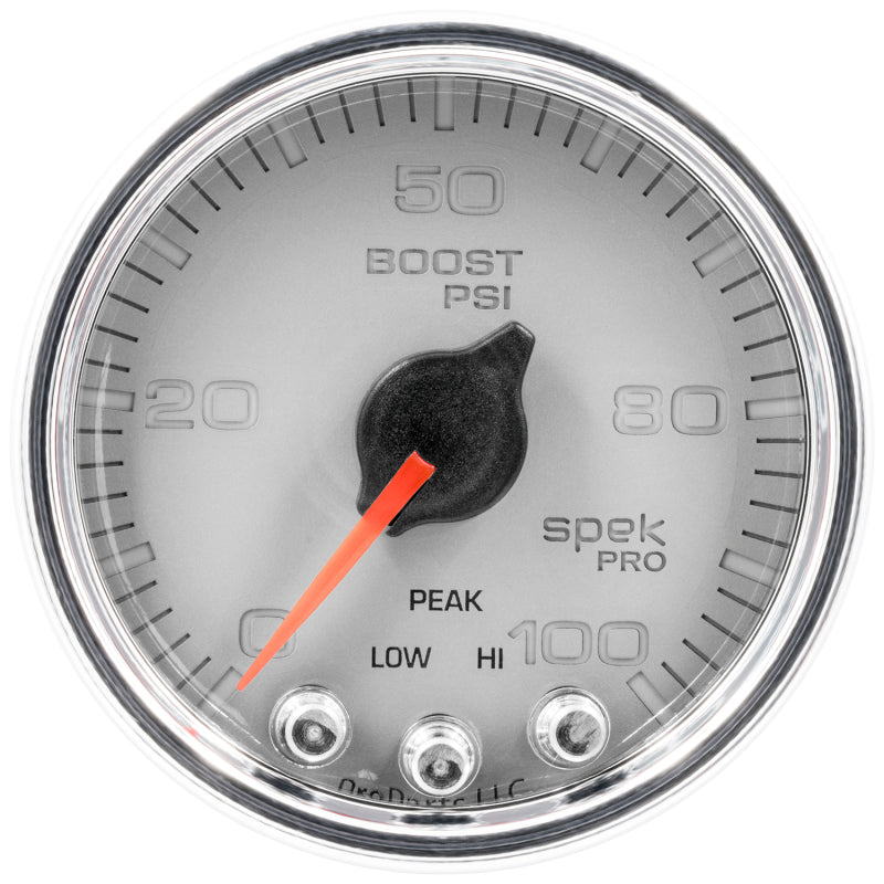 Autometer Spek-Pro Gauge Boost 2 1/16in 100psi Stepper Motor W/Peak &amp; Warn Slvr/Chrm