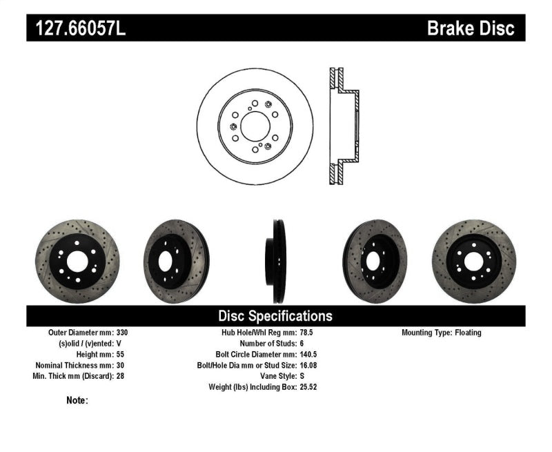 StopTech 05-10 GMC Sierra 1500 (w Rear Drum) / 07-09 GMC Yukon Front Left Slotted &amp; Drilled Rotor