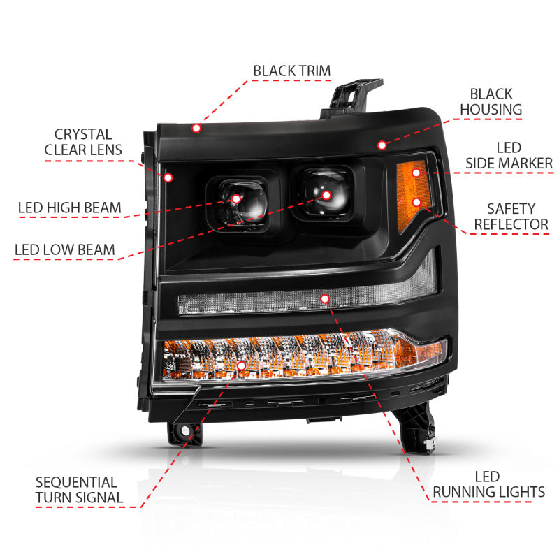 ANZO 16-18 Chevy Silverado 1500 (Factory HID Models ONLY) Full LED Proj Headlights Black - Pair