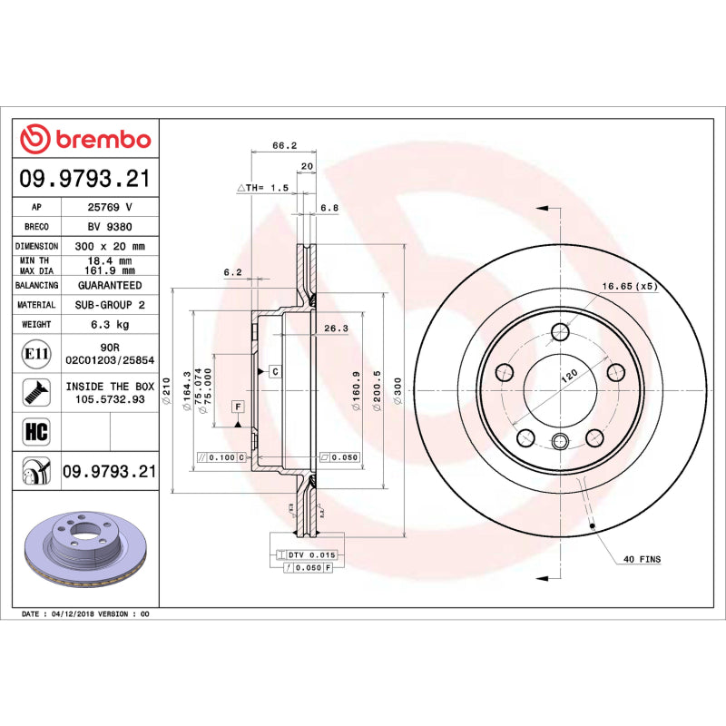 Brembo 12-16 Town &amp; Country/12-20 Dodge Grand Caravan/12-14 Volkswagen Routan Rear UV Coated Rotor