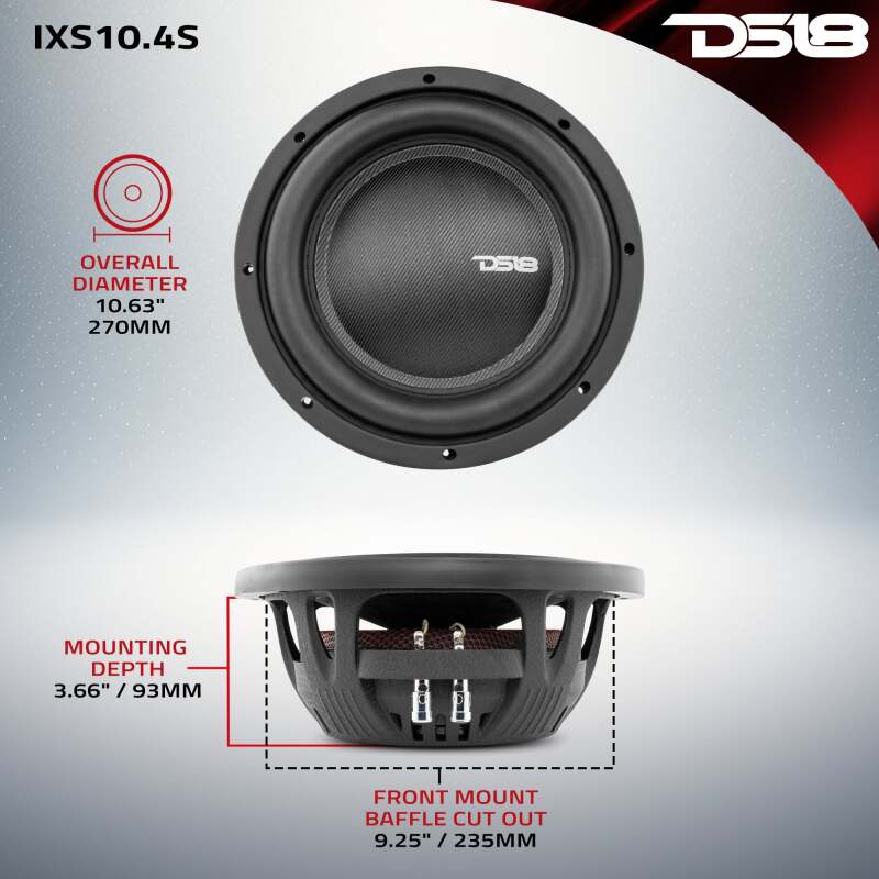 DS18 10in 600 Watts RMS 4 ohm SVC Shallow Mount Fiber Glass Subwoofer IXS Series