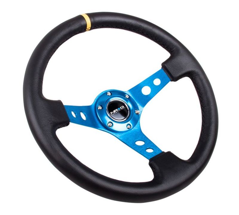 NRG Reinforced Steering Wheel (350mm / 3in. Deep) Blk Leather w/Blue Cutout Spoke &amp; Single Yellow CM