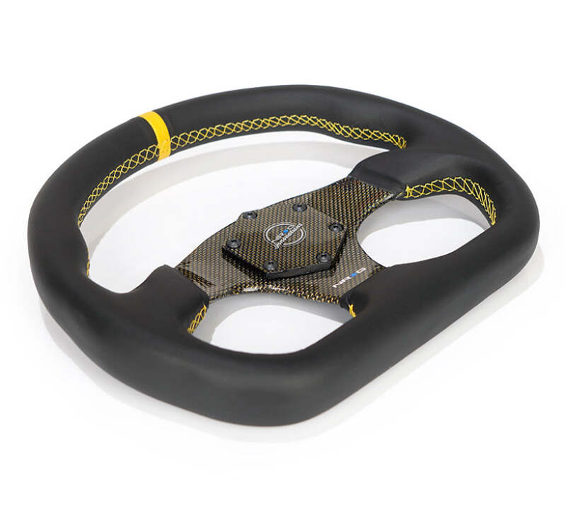 NRG Carbon Fiber Flat Bottom Steering Wheel (320mm) Yellow CF Center w/Yellow Stitch/Yellow Mark