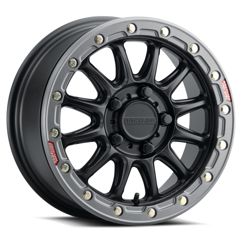 Raceline A14BG Alpha 15x7in/5x114.3 BP/53mm Offset/68mm Bore - Black &amp; Gunmetal Ring Beadlock Wheel