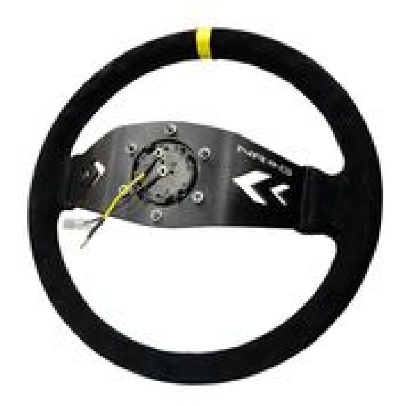 NRG Reinforced Steering Wheel (350mm / 3in. Deep) Blk Suede w/NRG Arrow Cut 2-Spoke &amp; Yellow Mark
