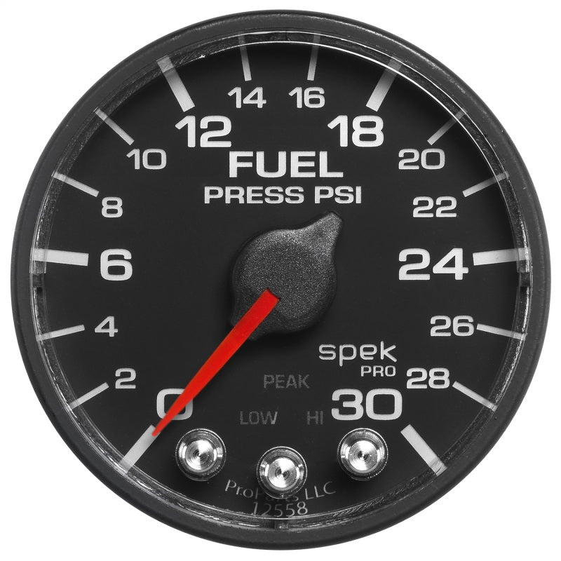 Autometer Spek-Pro Gauge Fuel Press 2 1/16in 30psi Stepper Motor W/Peak &amp; Warn Blk/Blk