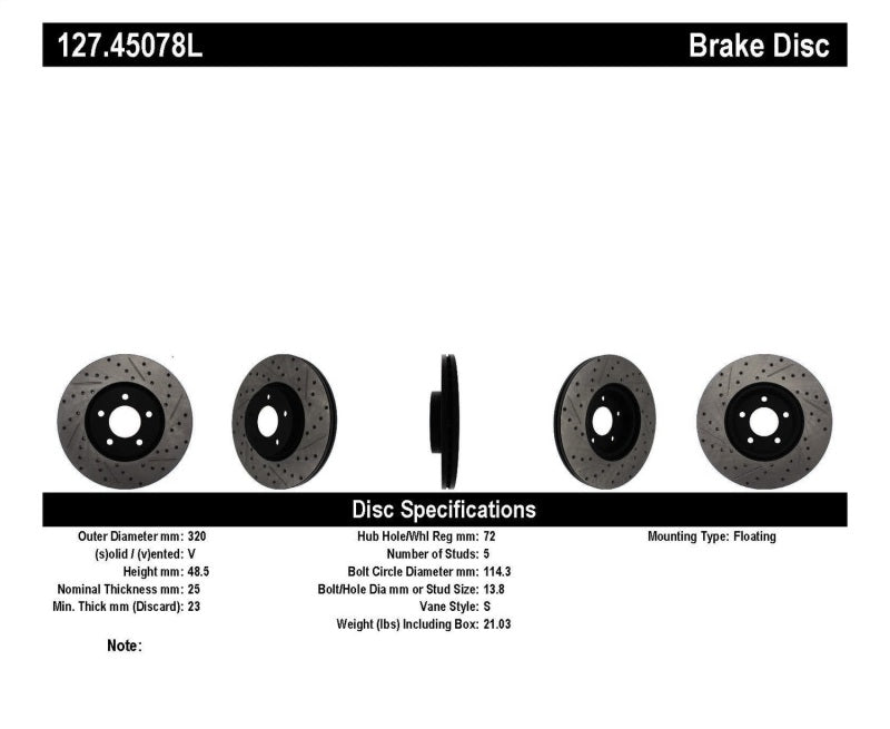 StopTech 07-09 Mazda 3 Left Front Slotted &amp; Drilled Rotors
