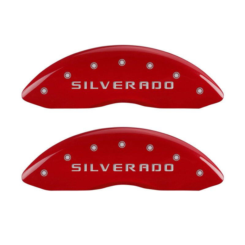 MGP 4 Caliper Covers Engraved Front &amp; Rear Silverado Red finish silver ch