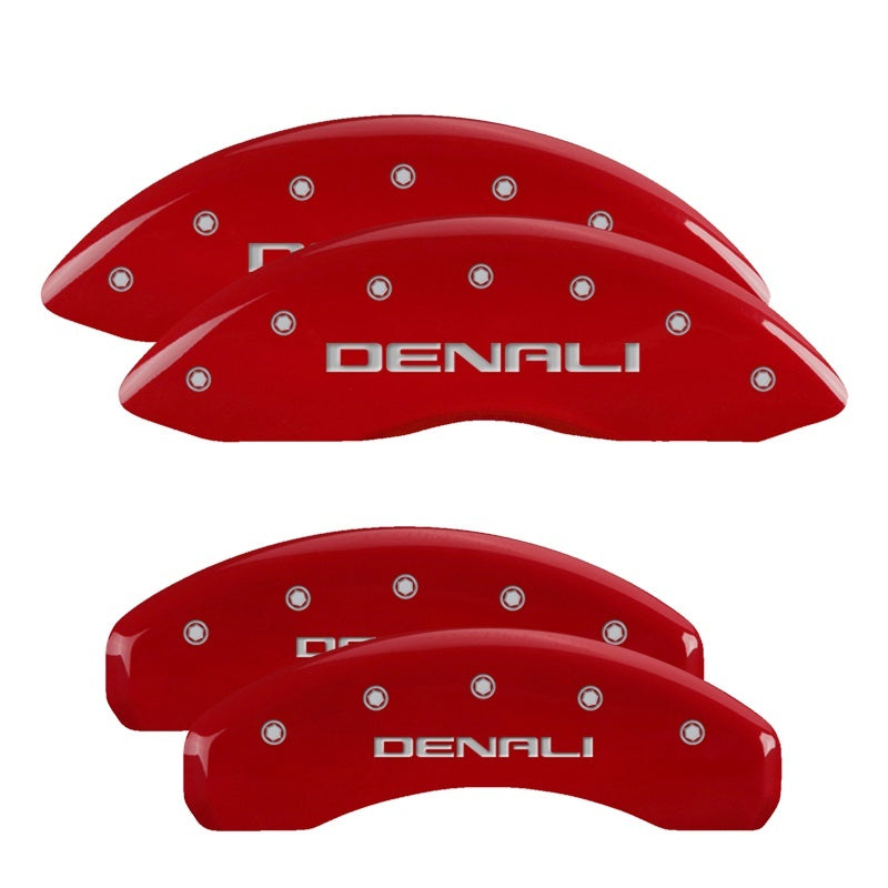 MGP 4 Caliper Covers Engraved Front &amp; Rear Denali Red Finish Silver Char 2019 GMC Sierra 1500