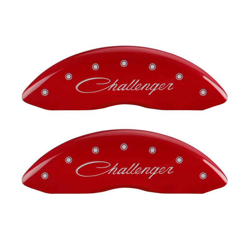 MGP 4 Caliper Covers Engraved Front &amp; Rear Cursive/Challenger Red finish silver ch