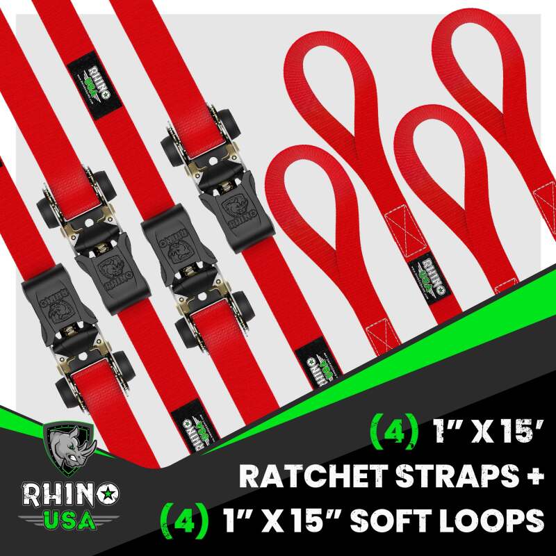 Rhino USA Medium Duty Ratchet Strap Tie-Down 4-Pack (Red)