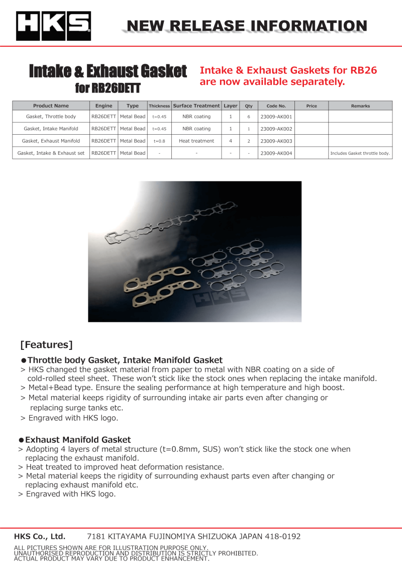 HKS NISSAN RB26DETT INTAKE &amp; EXHAUST GASKETS