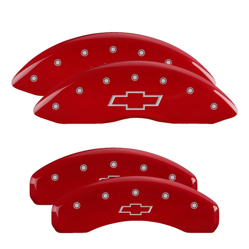 MGP 4 Caliper Covers Engraved F &amp; R Bowtie Red Finish Silver Char 2019 Chevrolet Silverado 1500