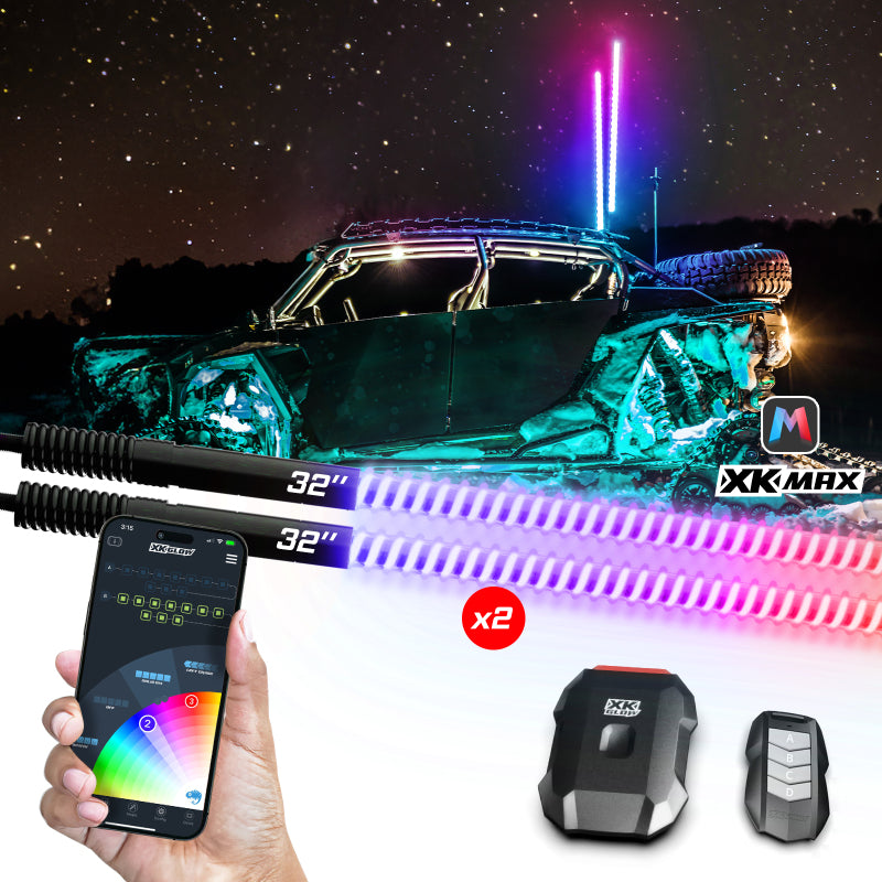 XK Glow 2x 48  XKmax RGBW Advanced App Control LED Whip Light Kit for 4x4 Offroad UTV ATV