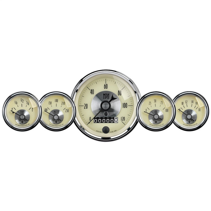 AutoMeter Gauge Kit 5 Pc 3-3/8in. &amp; 2-1/16in. Elec Speedo W/Wheel Odo Prestige Antique. Ivory