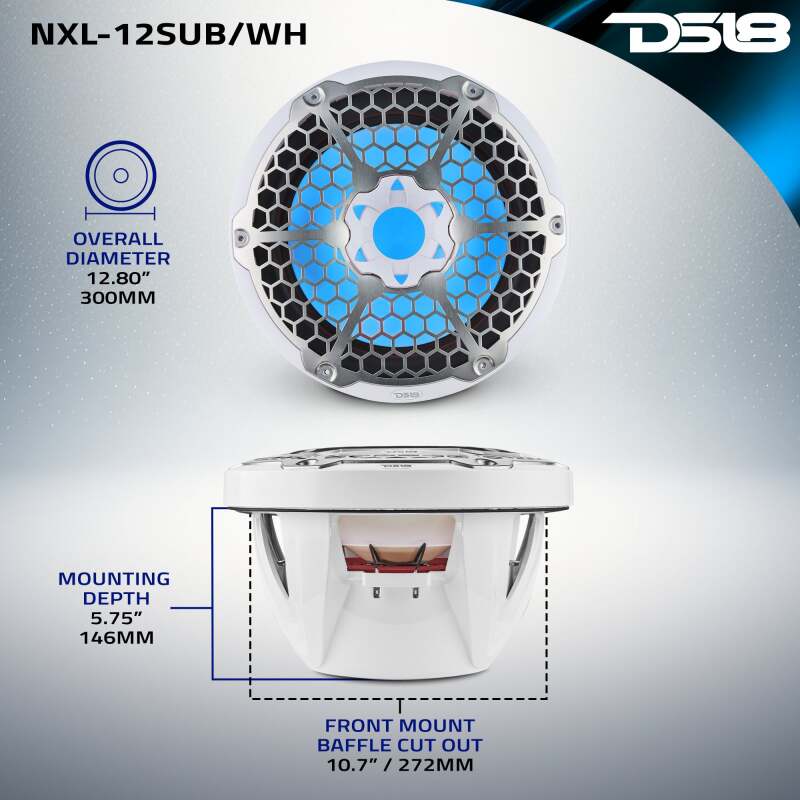DS18 Marine Subwoofer w/ RGB Lights 12in 350 Watts RMS 4 ohm SVC White