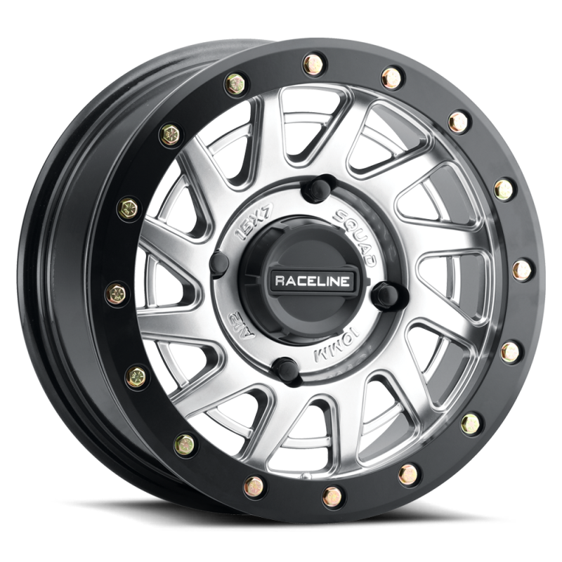 Raceline A12SB Squad 15x7in/4x137 BP/38mm Offset/110.18mm Bore - Silver &amp; Black Ring Beadlock Wheel