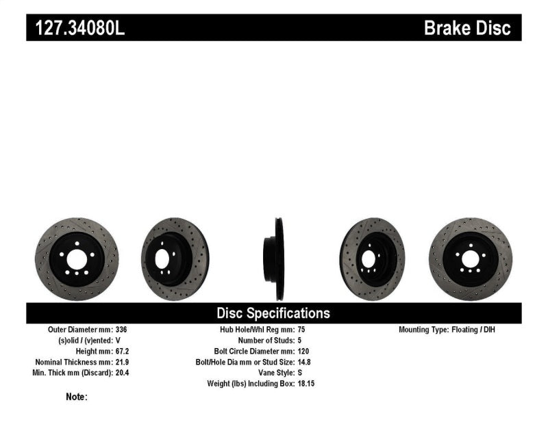 StopTech 06 BMW 330 / 07-09 BMW 335 Slotted &amp; Drilled Left Rear Rotor