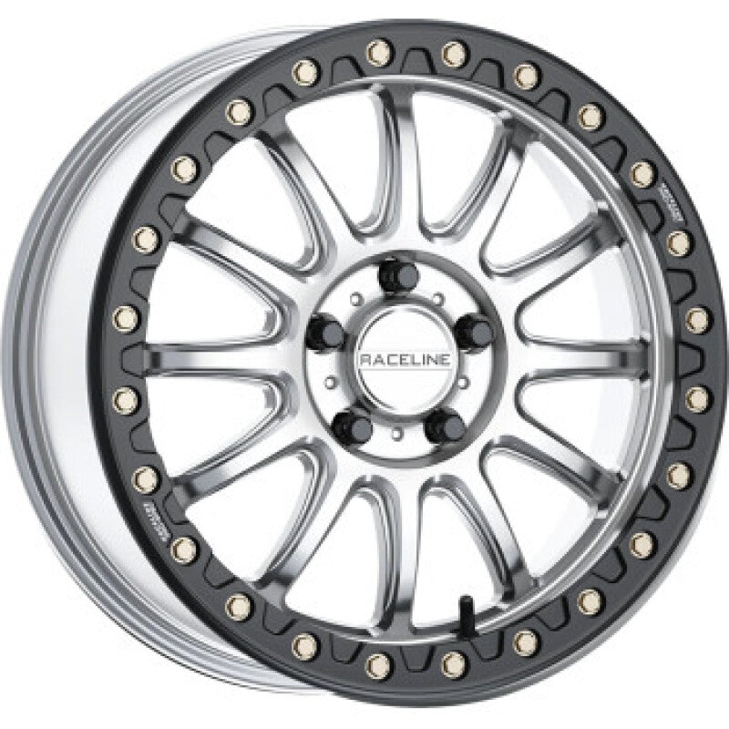Raceline A14SB Alpha 15x7in/4x137 BP/10mm Offset/110.18mm Bore - Silver &amp; Blk Ring Beadlock Wheel