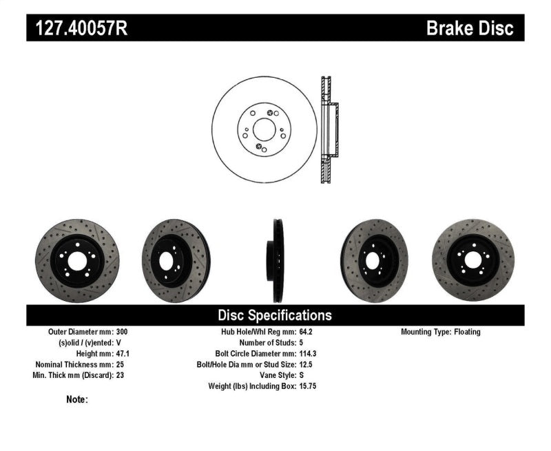 StopTech 02-06 Acura RSX Type S / 06-09 Honda Civic Si Slotted &amp; Drilled Right Front Rotor