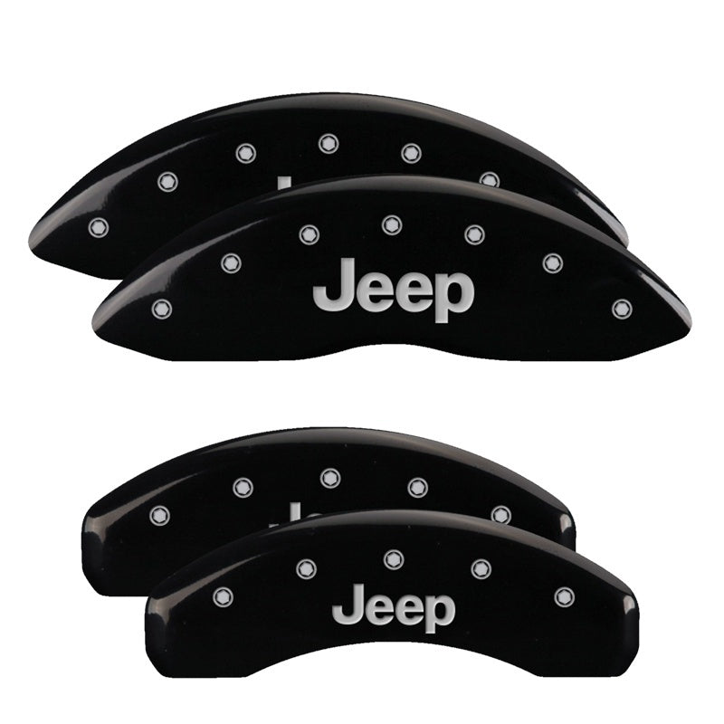 MGP 4 Caliper Covers Engraved Front &amp; Rear 11-18 Jeep Grand Cherokee Black Finish Silver Jeep Logo