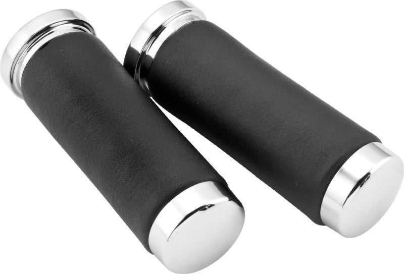 Bikers Choice Chrome &amp; Leather 1 Inch Grips Universal Pr