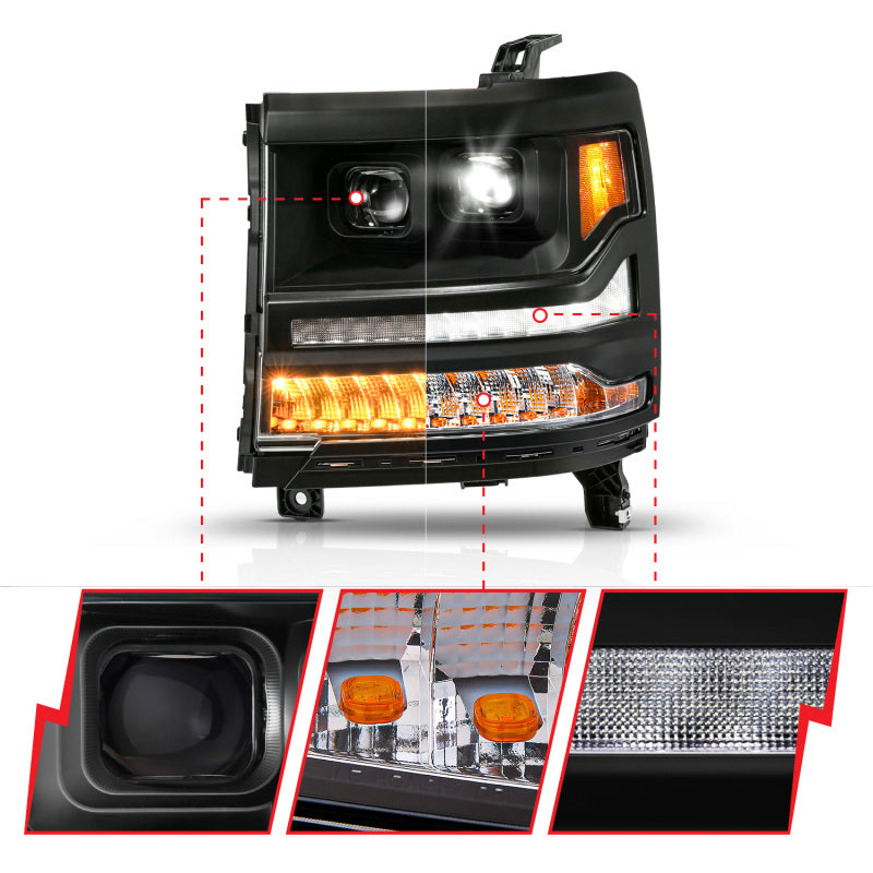 ANZO 16-18 Chevy Silverado 1500 (Factory HID Models ONLY) Full LED Proj Headlights Black - Pair