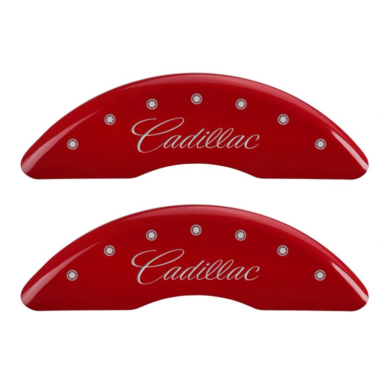 MGP 4 Caliper Covers Engraved Front &amp; Rear Cursive/Cadillac Red Finish Silver Char 2016 Cadillac CT6