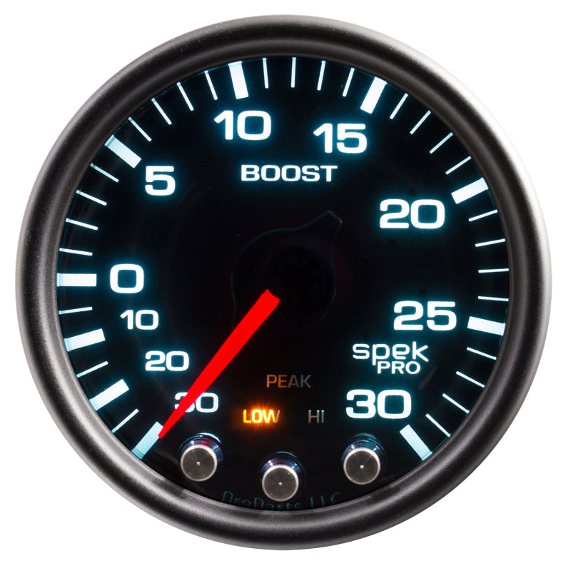 Autometer Spek-Pro Gauge Vac/Boost 2 1/16in 30Inhg-30psi Stepper Motor Peak &amp; Warn Black/Smoke/Black