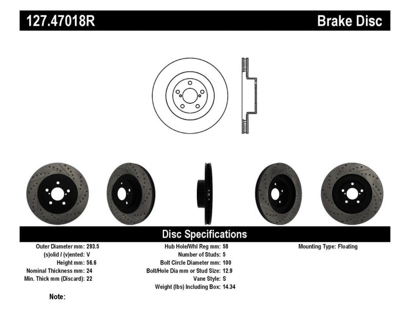 StopTech 02-10 Subaru WRX Slotted &amp; Drilled Right Front Rotor (exc. STi)
