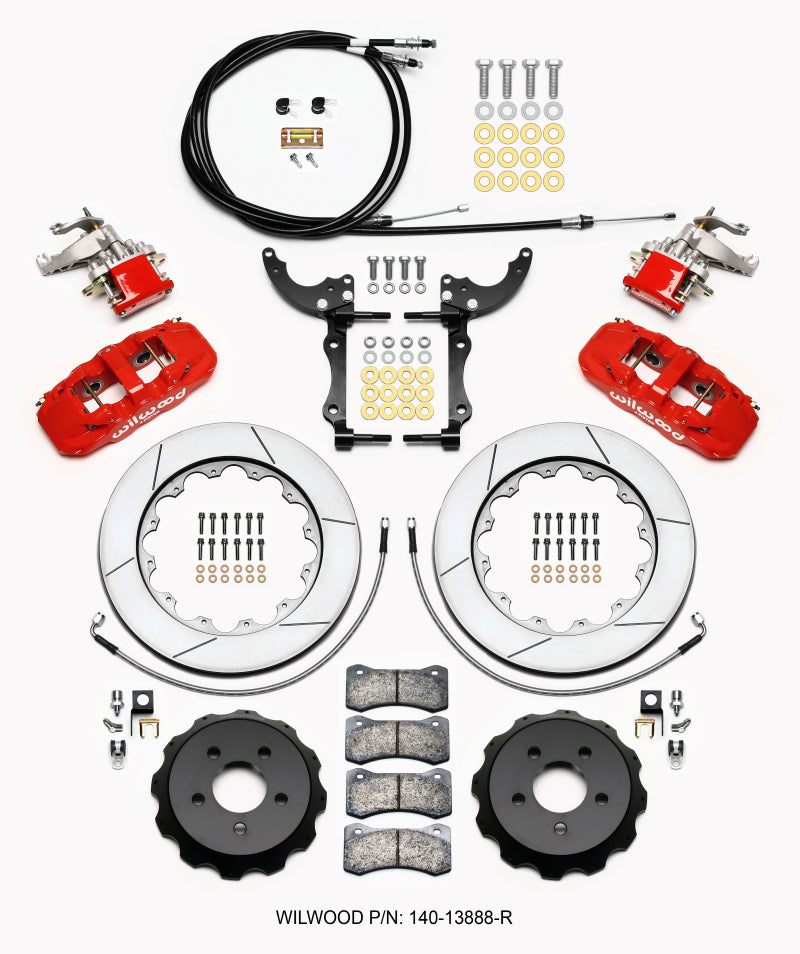 Wilwood AERO4 / MC4 Rear Kit 14.00 Red 2015-Up Mustang w/Lines &amp; Cables