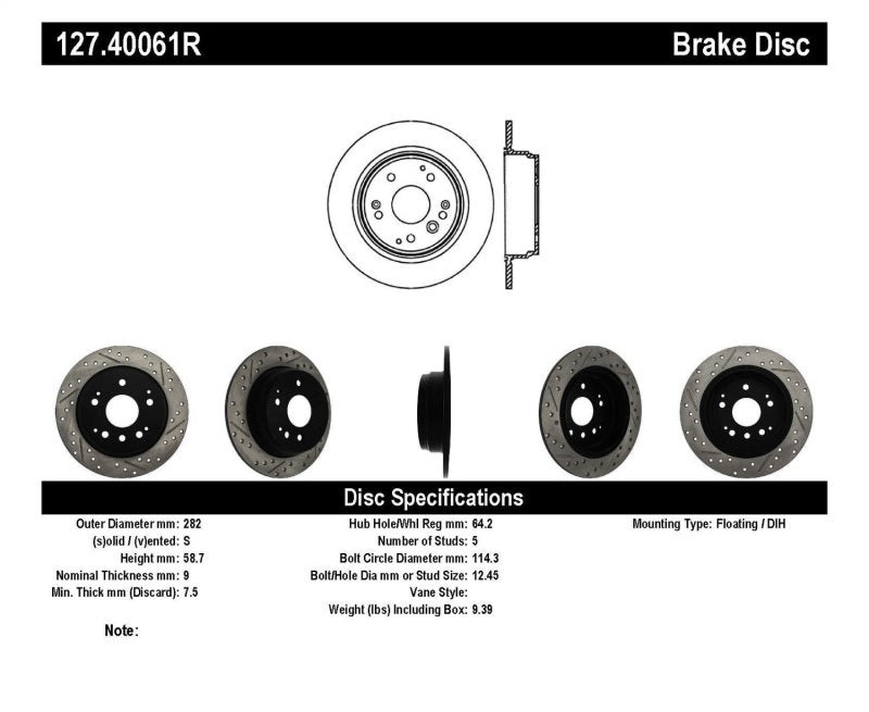 StopTech 04-08 Acura TL / 03-09 honda Element Slotted &amp; Drilled Right Rear Rotor