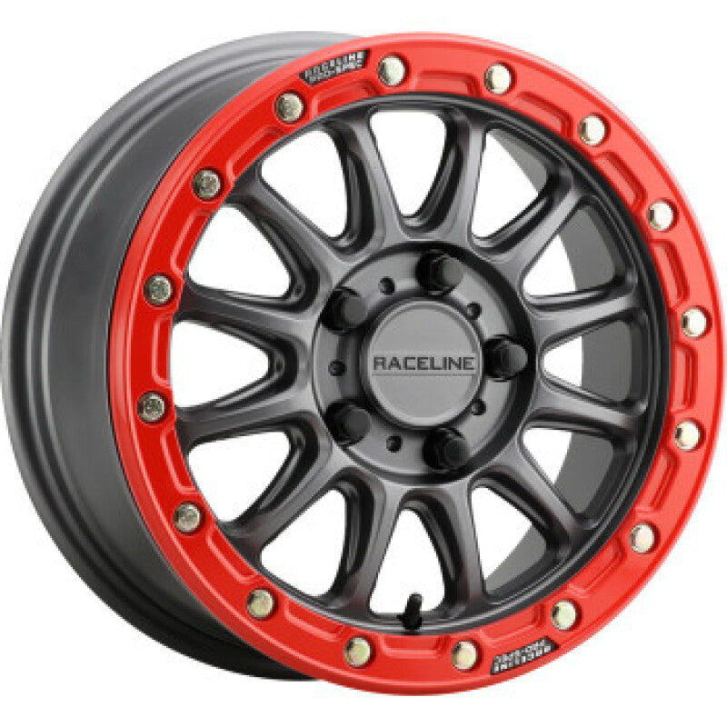 Raceline A14GR Alpha 15x7in/4x137 BP/10mm Offset/110.18mm Bore - Gunmetal &amp; Red Ring Beadlock Wheel
