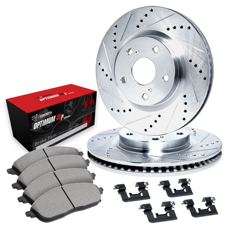 R1 13-20 Subaru WRX Front Drilled & Slotted Silver Brake Rotor Set w/Optimum OE Pads and Hardware