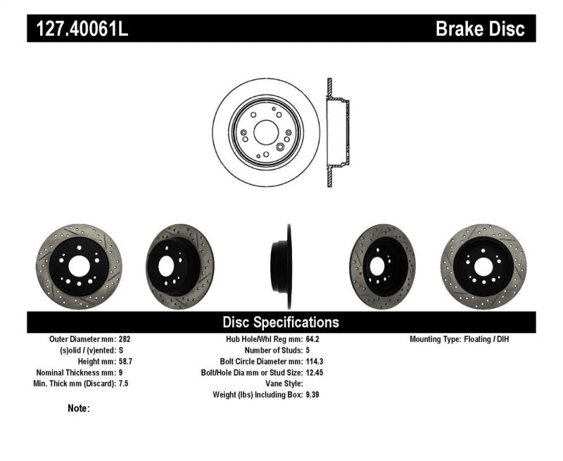 StopTech 04-08 Acura TL / 03-09 honda Element Slotted &amp; Drilled Left Rear Rotor