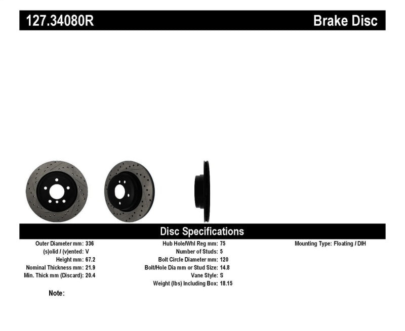 StopTech 06 BMW 330 / 07-09 BMW 335 Slotted &amp; Drilled Right Rear Rotor