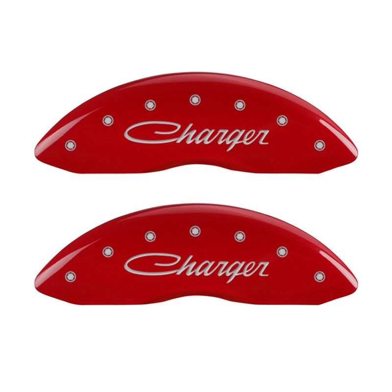 MGP 4 Caliper Covers Engraved Front &amp; Rear Cursive/Charger Red finish silver ch