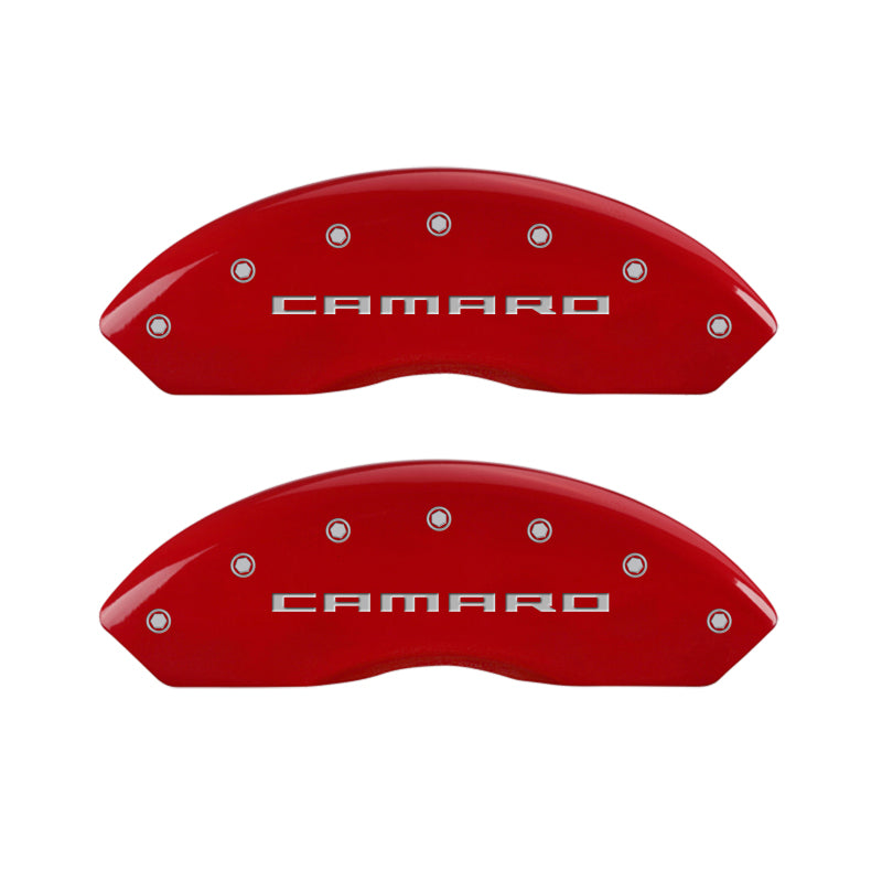 MGP 4 Caliper Covers Engraved Front &amp; Rear Gen 5/Camaro Red finish silver ch