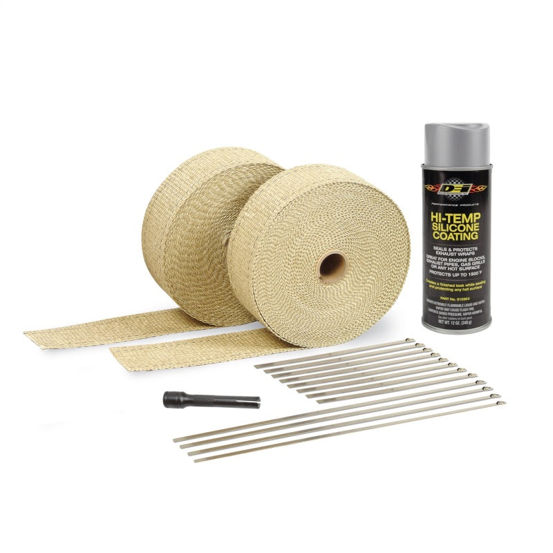 DEI Exhaust Wrap Kit - Tan Wrap &amp; Aluminum HT Silicone Coating (Aerosol)