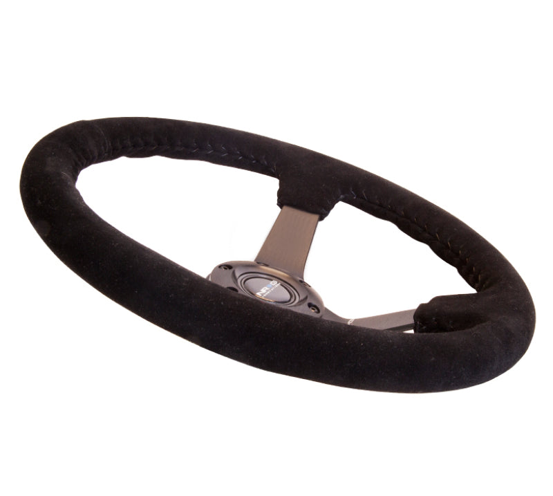NRG Reinforced Steering Wheel (350mm / 3in. Deep) Blk Suede w/Blk BBall Stitch (Odi Bakchis Edition)